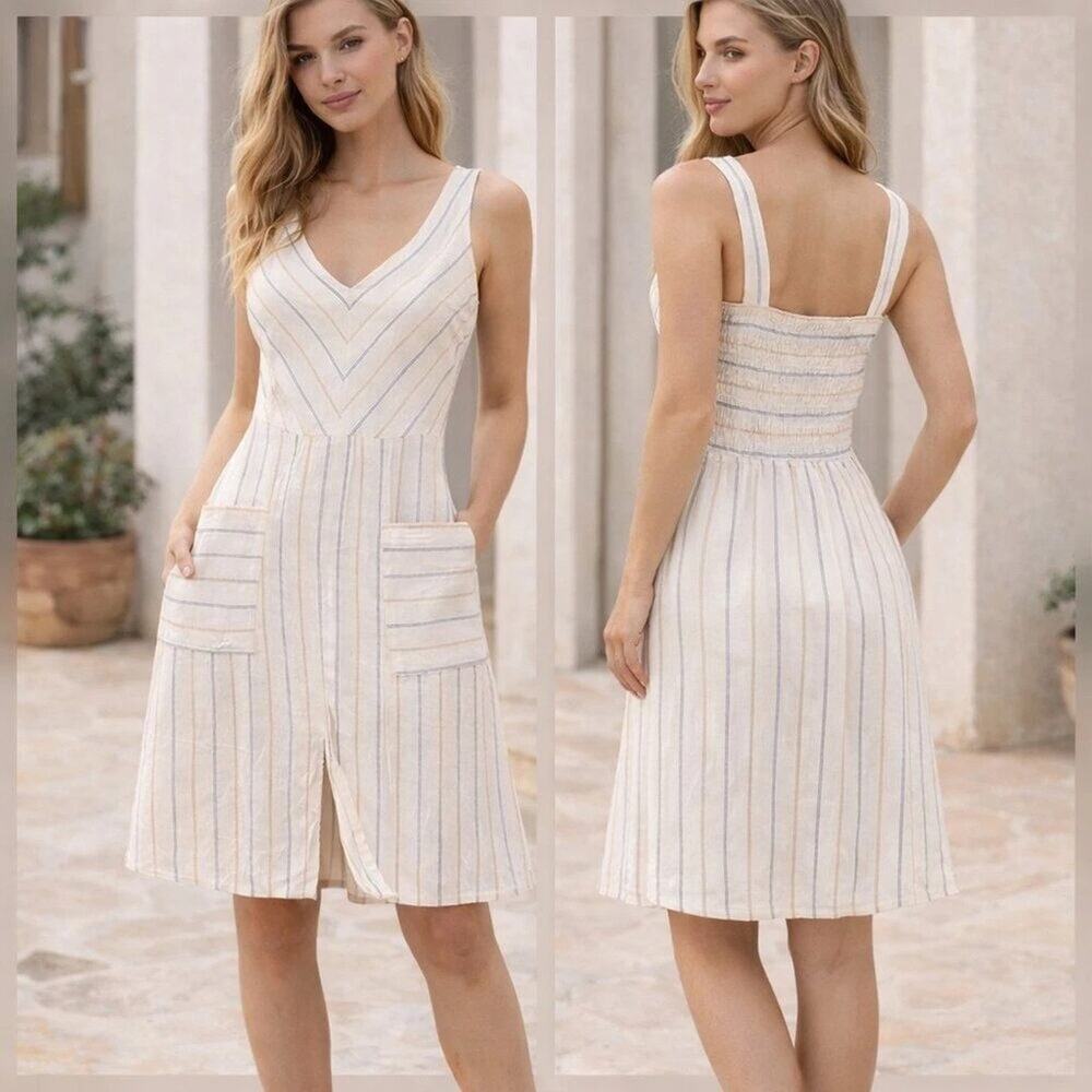 Linen Blend Cream Striped Pocket Dress Smocked Front Slit XS